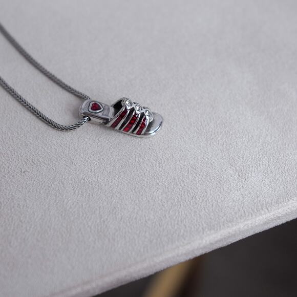 Brighton Red Sandal Shoe Pendant Necklace Silver Plated Gemstone Retired - Picture 2 of 7